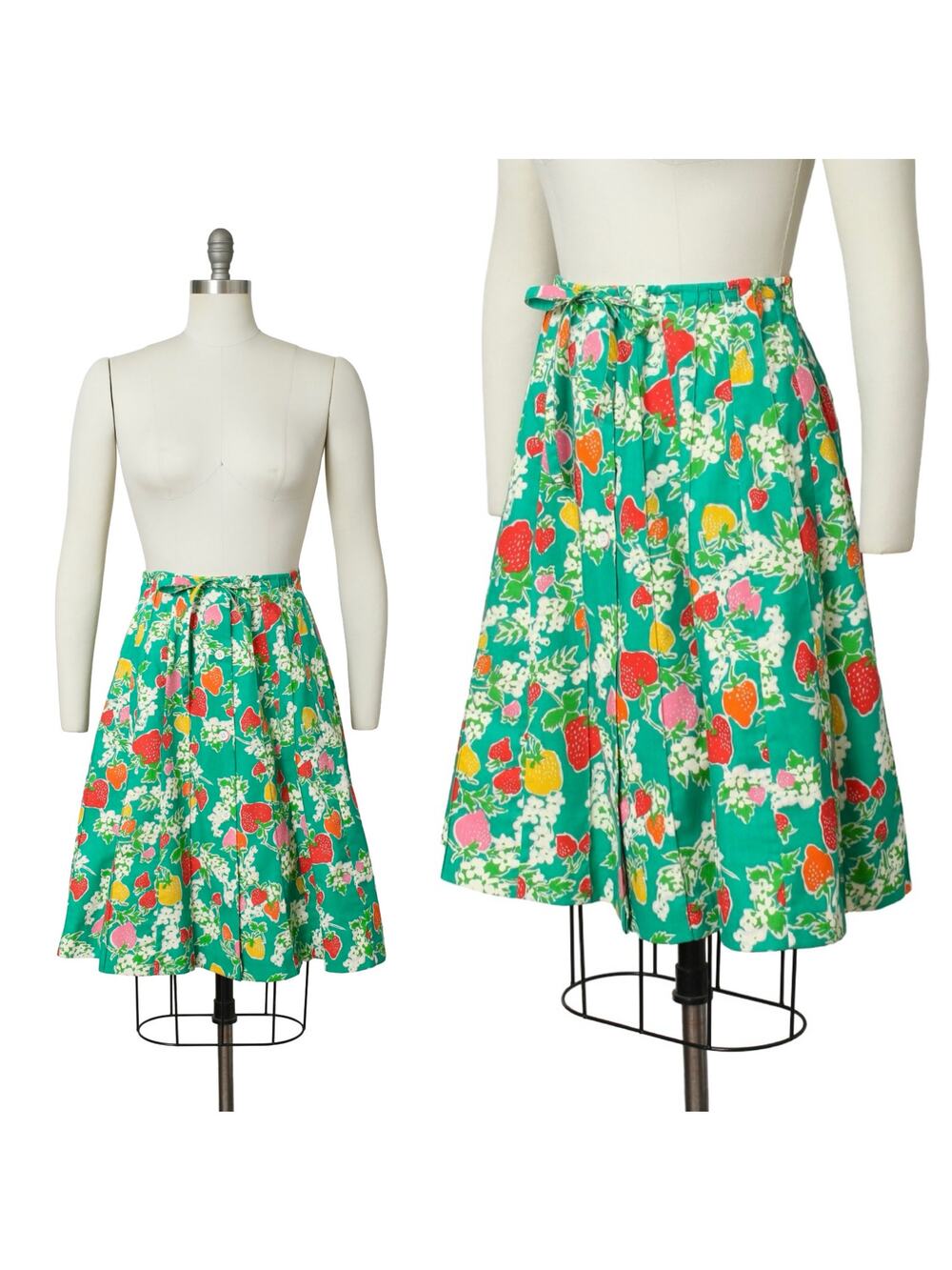 Vintage 1970s Skirt 70s Strawberry Floral Novelty Print Green Cotton Summer